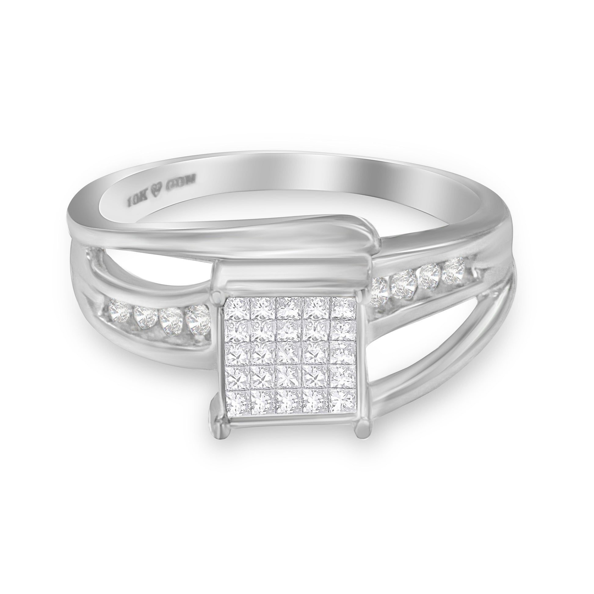 10K White Gold 1/3 Cttw Invisible Set Princess-cut Diamond Cluster Bypass Ring (H-I Color, SI1-SI2 Clarity) - Ring Size 7 Bids.com