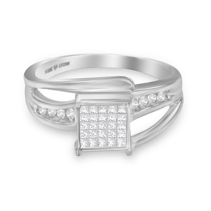 10K White Gold 1/3 Cttw Invisible Set Princess-cut Diamond Cluster Bypass Ring (H-I Color, SI1-SI2 Clarity) - Ring Size 7 Bids.com