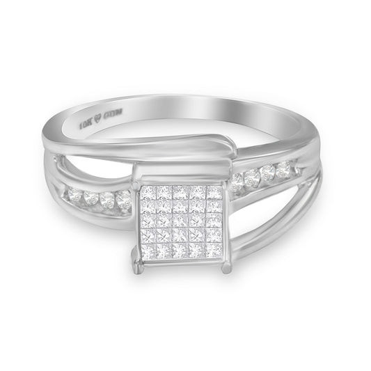 10K White Gold 1/3 Cttw Invisible Set Princess-cut Diamond Cluster Bypass Ring (H-I Color, SI1-SI2 Clarity) - Ring Size 7 Bids.com