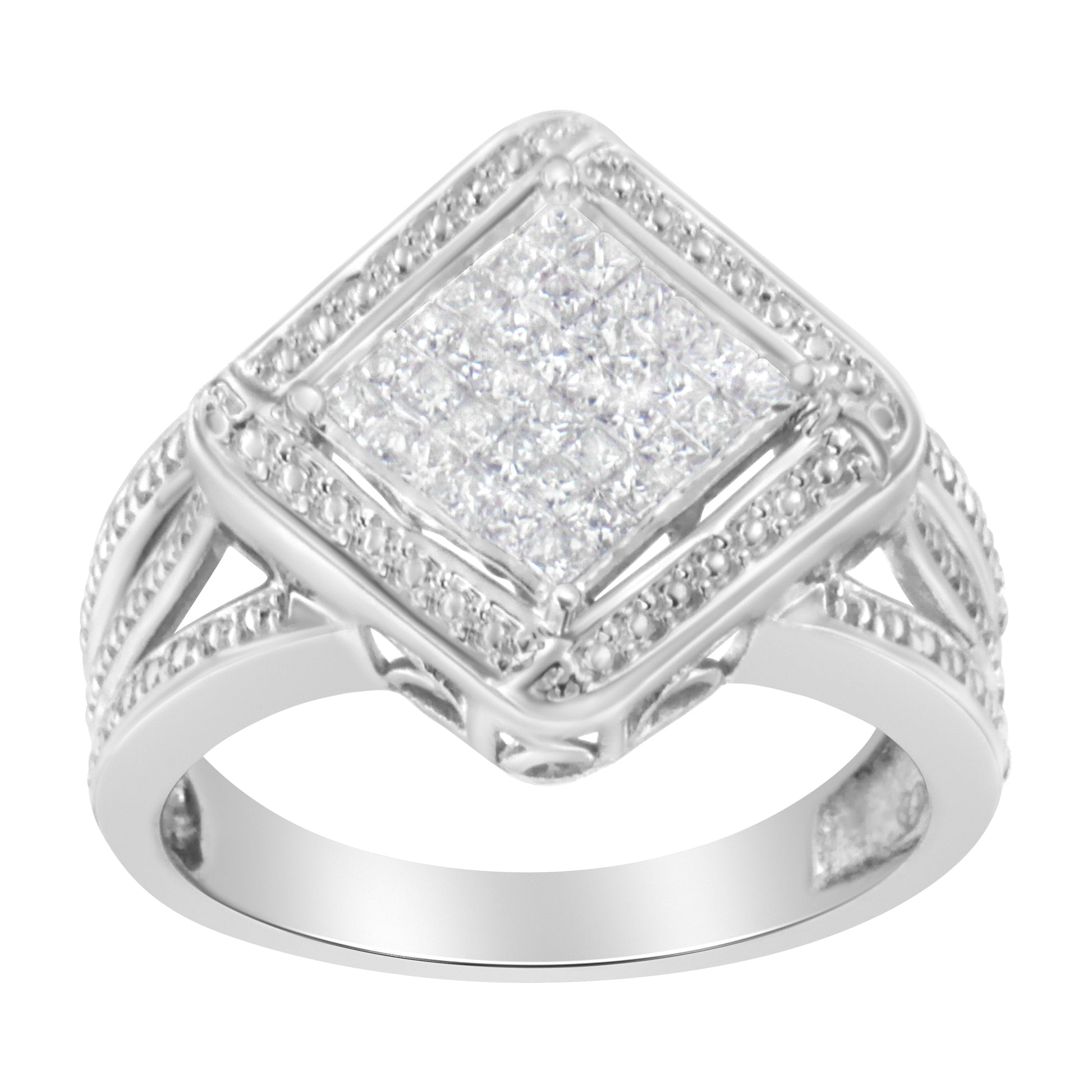 .925 Sterling Silver 2/5 Cttw Princess Cut Diamond Square On Point Cluster Composite Cocktail Ring (H-I Color, SI1-SI2 Clarity) - Size 6 Bids.com