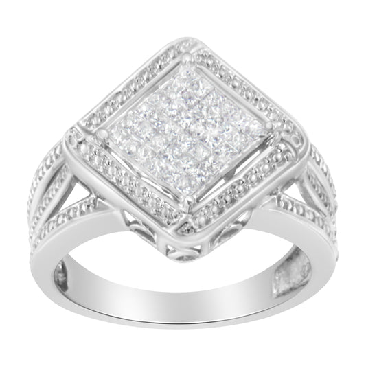 .925 Sterling Silver 2/5 Cttw Princess Cut Diamond Square On Point Cluster Composite Cocktail Ring (H-I Color, SI1-SI2 Clarity) - Size 6 Bids.com
