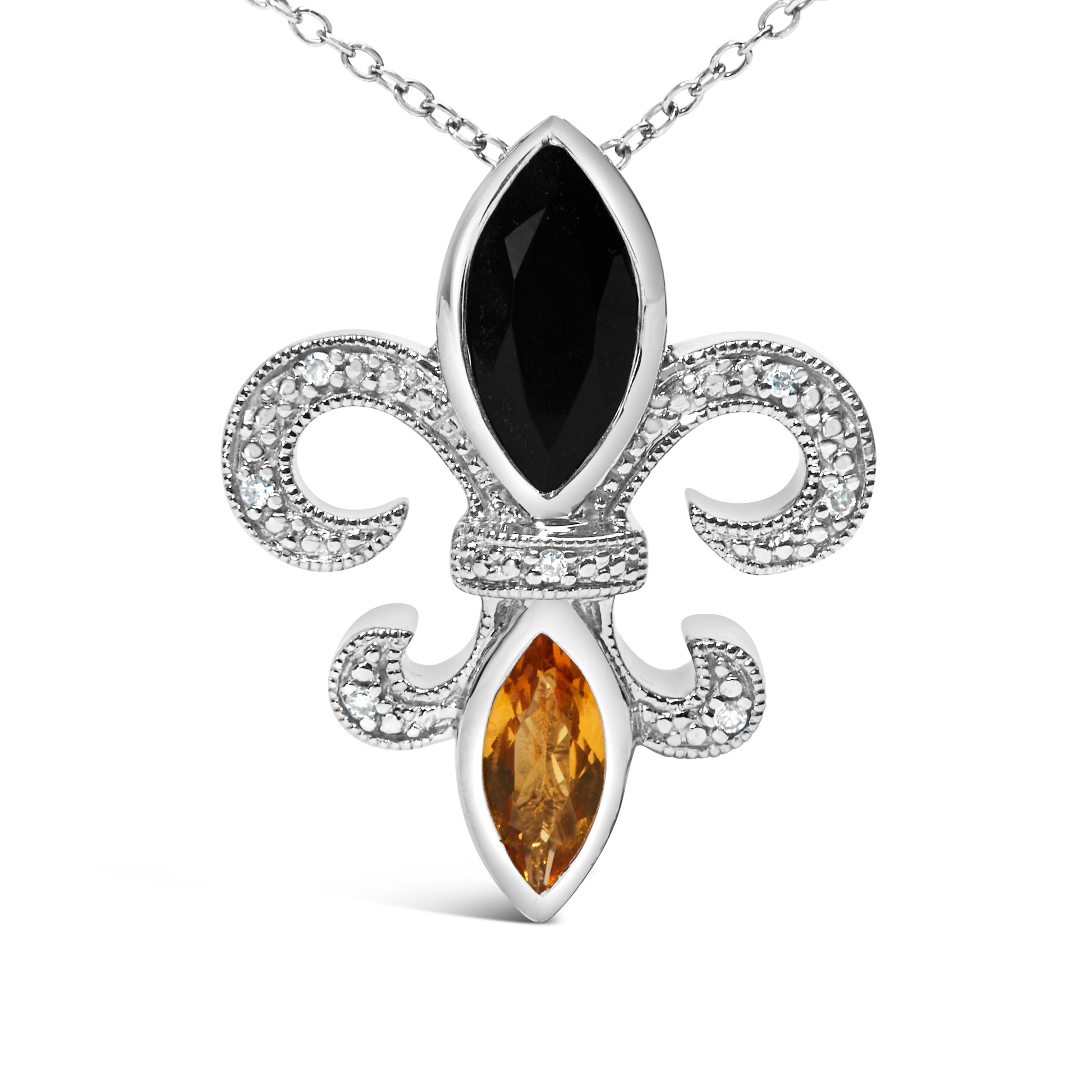 .925 Sterling Silver Marquise Onyx and Citrine and Diamond Accent Fleur De Lis Pendant Necklace (H-I Color, SI1-SI2 Clarity) - 18" Bids.com
