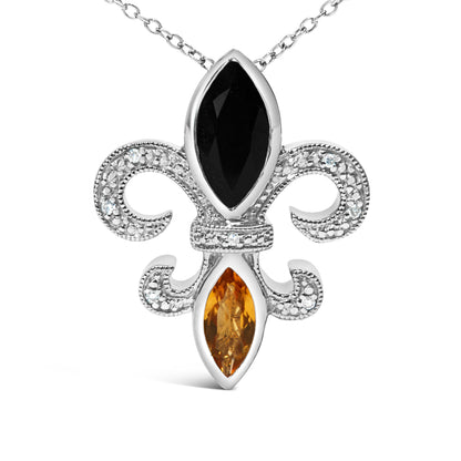 .925 Sterling Silver Marquise Onyx and Citrine and Diamond Accent Fleur De Lis Pendant Necklace (H-I Color, SI1-SI2 Clarity) - 18" Bids.com