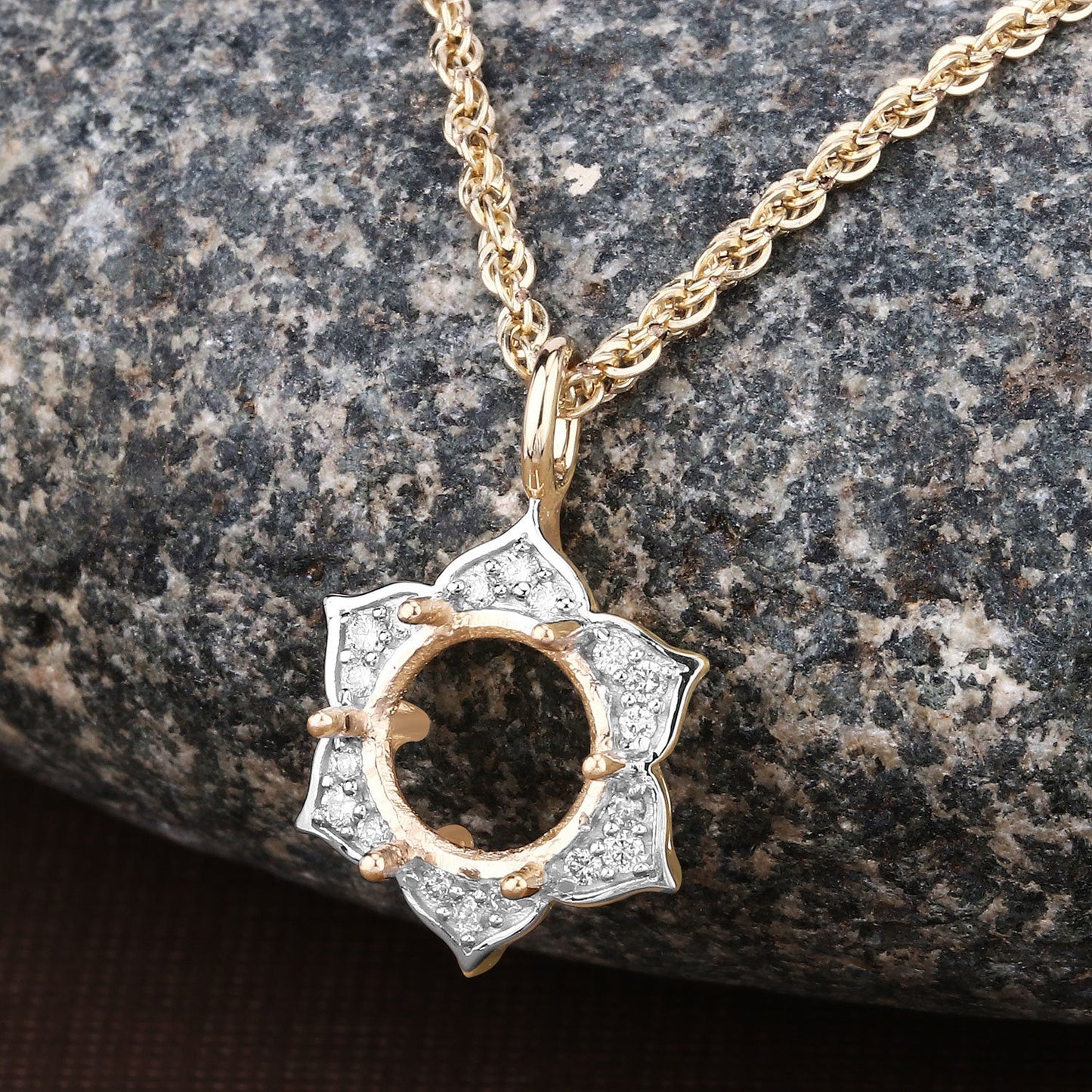 0.14 Carat Genuine White Diamond 14K Yellow Gold Semi Mount Pendant - holds 8.00mm Round Gemstone Bids.com