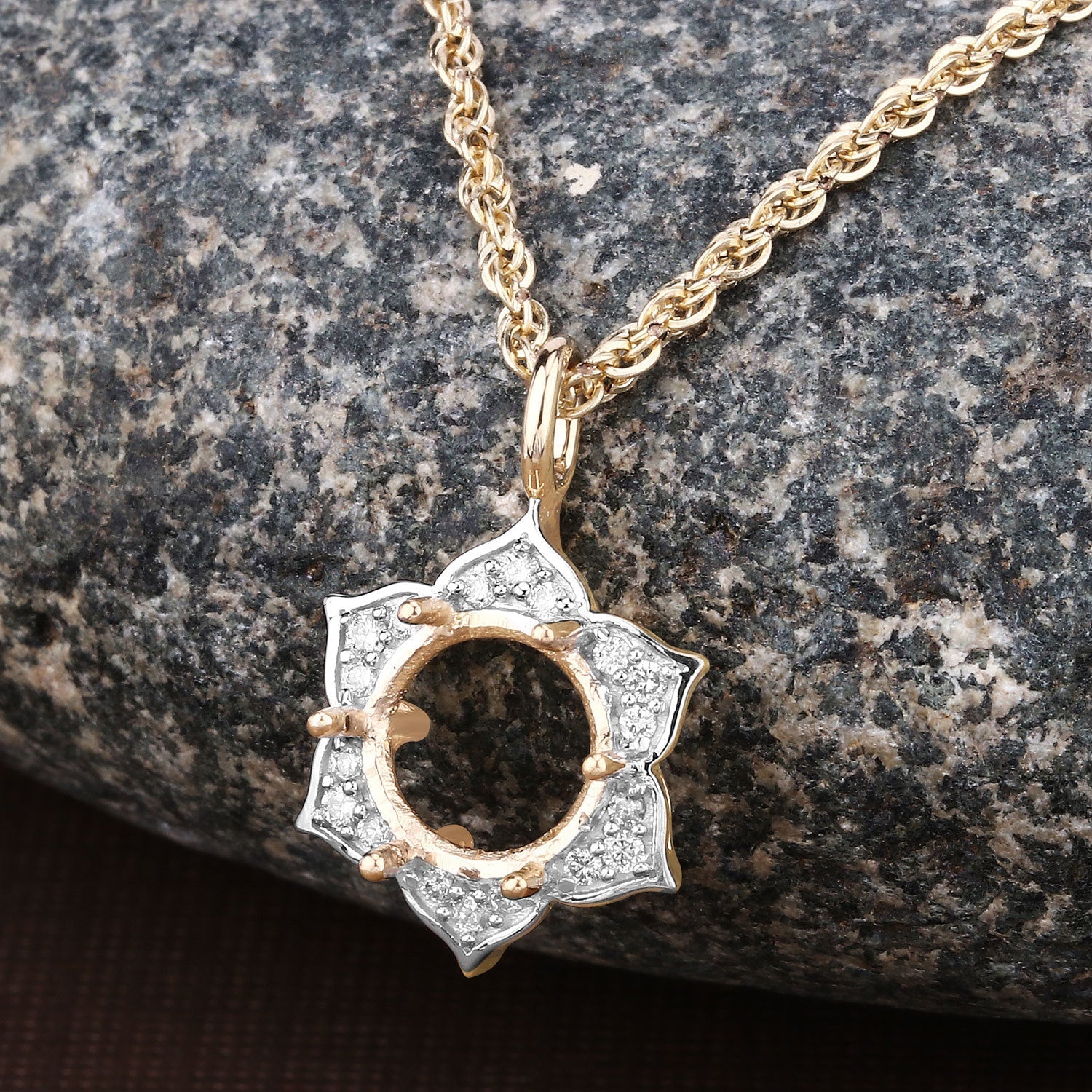 0.14 Carat Genuine White Diamond 14K Yellow Gold Semi Mount Pendant - holds 8.00mm Round Gemstone Bids.com