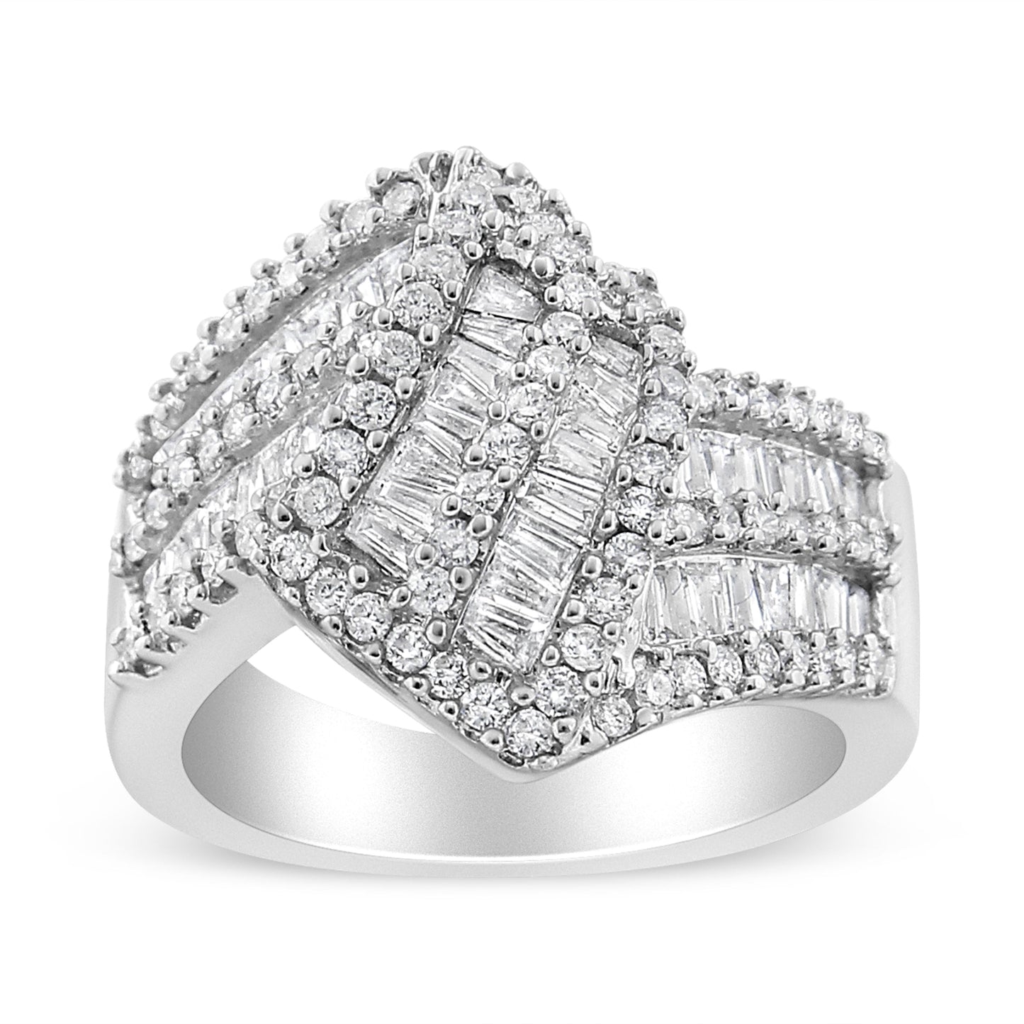 14K White Gold 1-1/2 Cttw Round and Baguette Diamond Bypass Cocktail Ring Band (H-I Color, SI1-SI2 Clarity) - Size 7 Bids.com