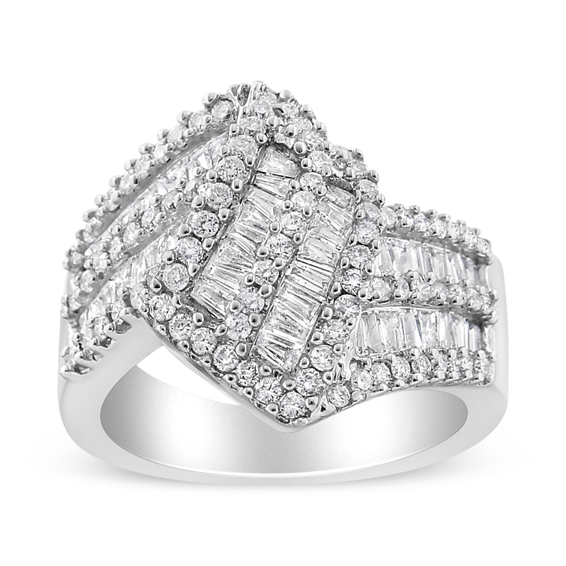 14K White Gold 1-1/2 Cttw Round and Baguette Diamond Bypass Cocktail Ring Band (H-I Color, SI1-SI2 Clarity) - Size 7 Bids.com