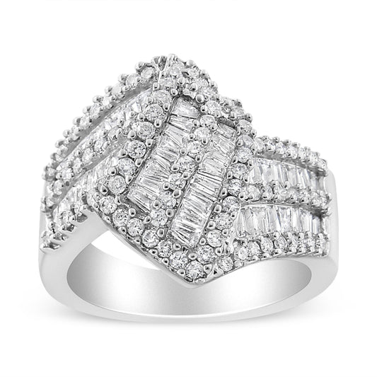 14K White Gold 1-1/2 Cttw Round and Baguette Diamond Bypass Cocktail Ring Band (H-I Color, SI1-SI2 Clarity) - Size 7 Bids.com