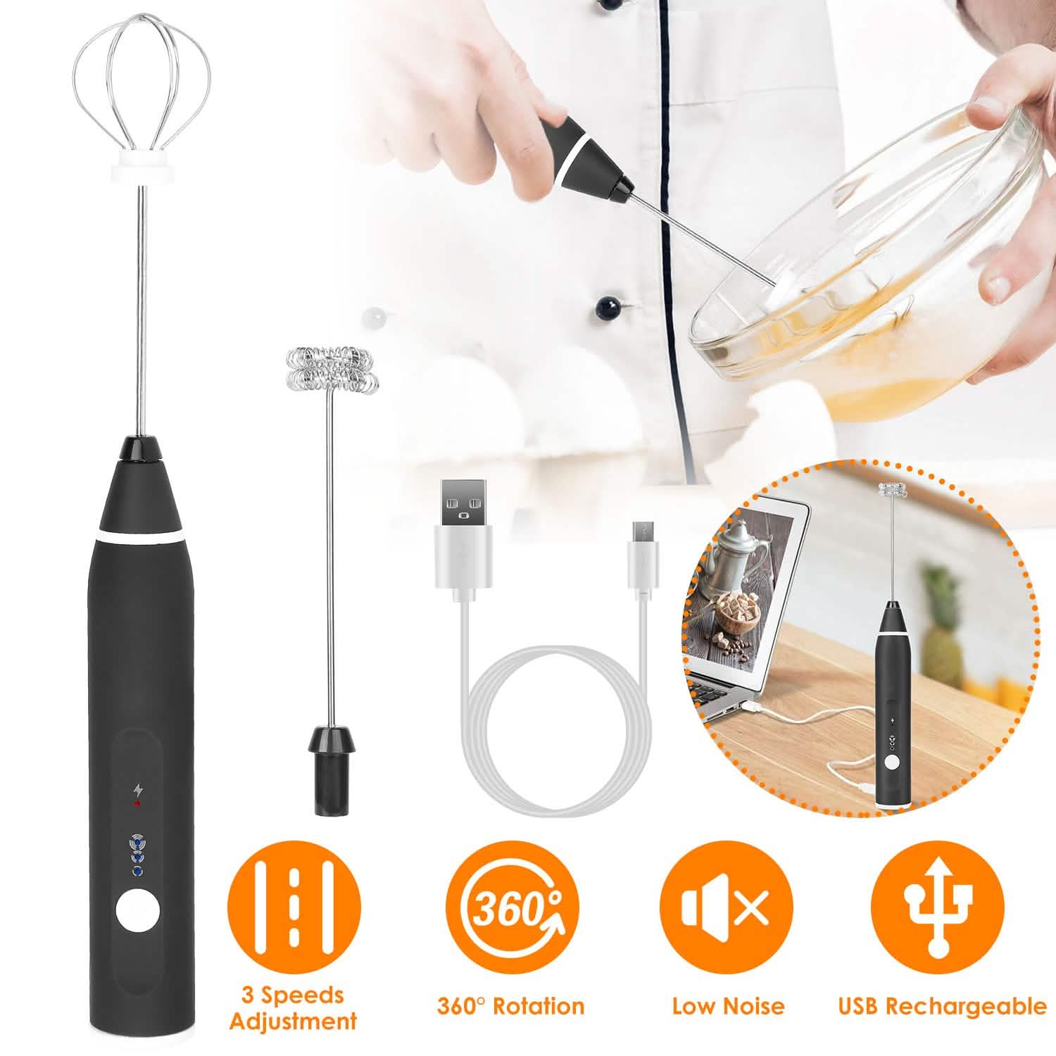 Electric Milk Frother with 2 Whisk Heads DailySale