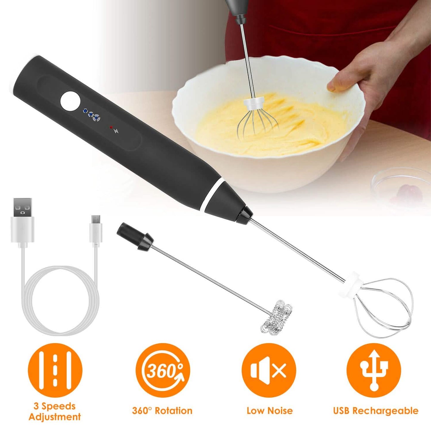 Electric Milk Frother with 2 Whisk Heads DailySale
