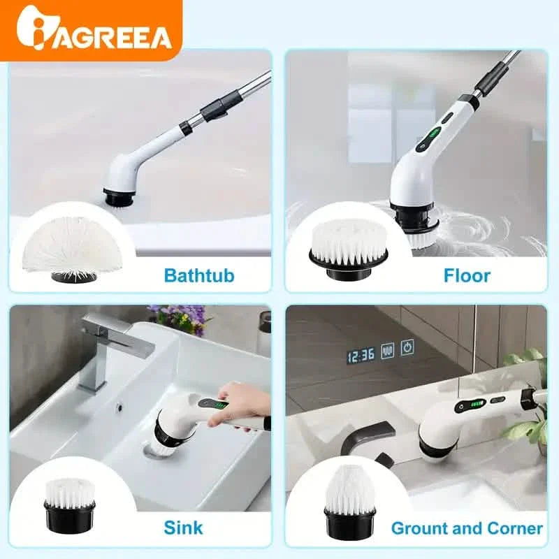 Electric Rotary Scrubber with Replaceable 8 Brush Heads and Adjustable Extension Handle DailySale