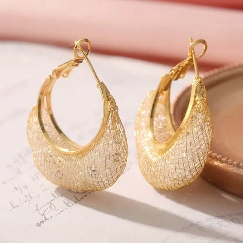 Elegant Crescent Mesh Hoop Earrings with Sparkling Cubic Zirconia DailySale