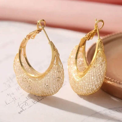 Elegant Crescent Mesh Hoop Earrings with Sparkling Cubic Zirconia DailySale
