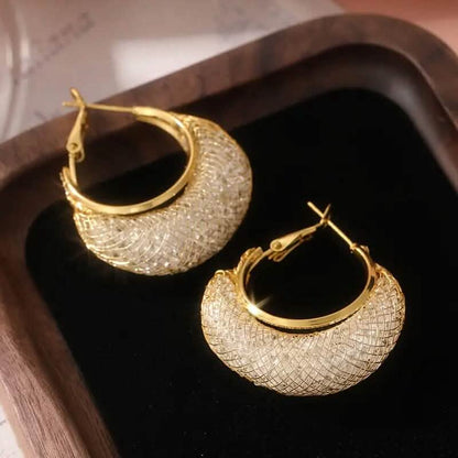 Elegant Crescent Mesh Hoop Earrings with Sparkling Cubic Zirconia DailySale
