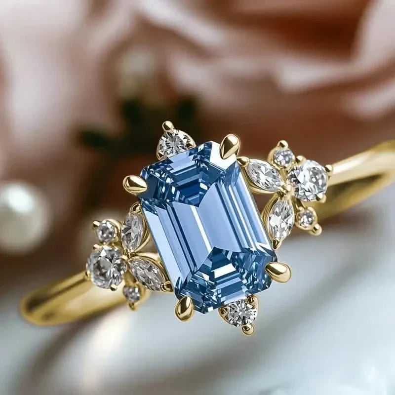Elegant Gold-Plated Copper Engagement Ring with Square Blue Cubic Zirconia DailySale