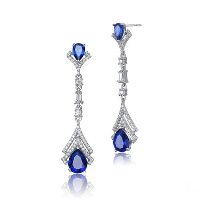Elegant Sterling Silver Simulated with Rhodium Plated Sapphire Drop Earrings DailySale