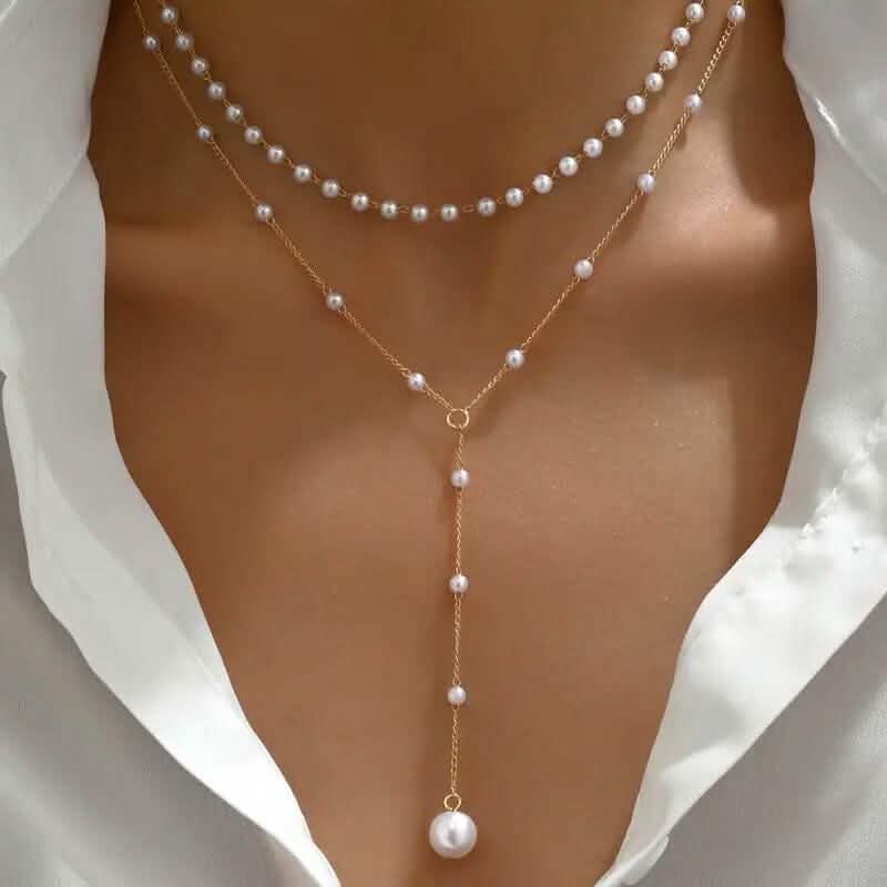 Elegant Vintage Style Double-Layer Pendant Necklace with Imitation Pearl Accents and Tassel Drop DailySale
