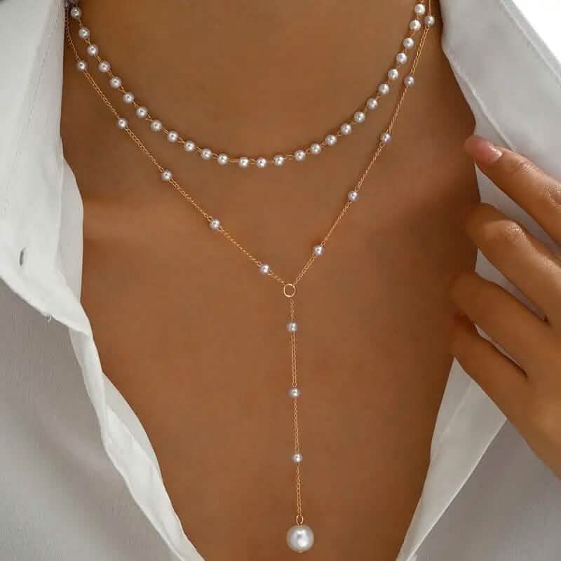 Elegant Vintage Style Double-Layer Pendant Necklace with Imitation Pearl Accents and Tassel Drop DailySale