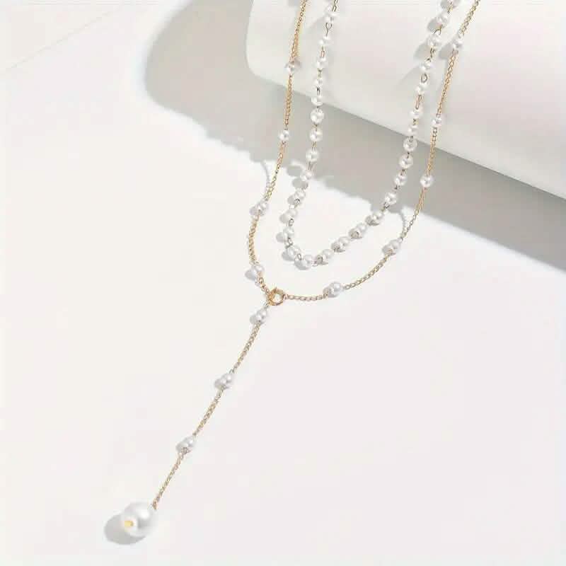 Elegant Vintage Style Double-Layer Pendant Necklace with Imitation Pearl Accents and Tassel Drop DailySale