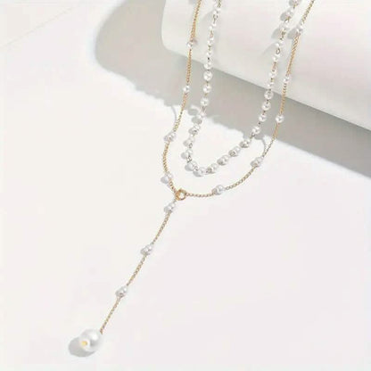 Elegant Vintage Style Double-Layer Pendant Necklace with Imitation Pearl Accents and Tassel Drop DailySale