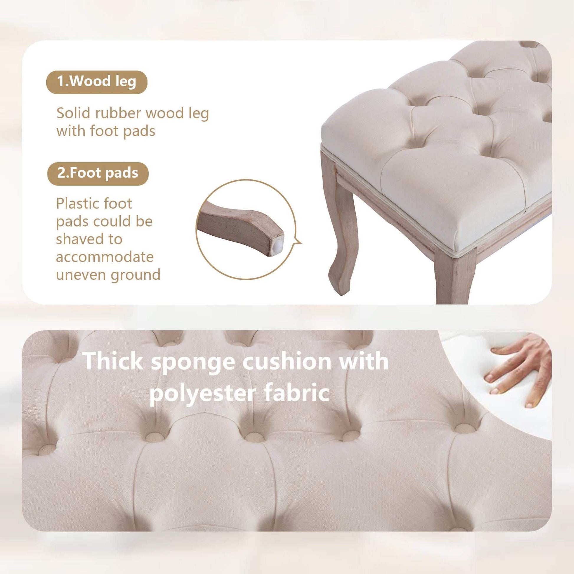 Entryway Wooden Bench, Upholstered Fabric Footstool DailySale