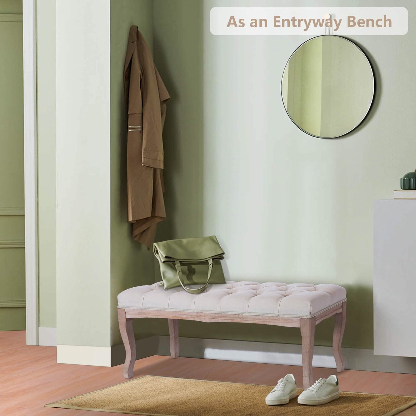 Entryway Wooden Bench, Upholstered Fabric Footstool DailySale