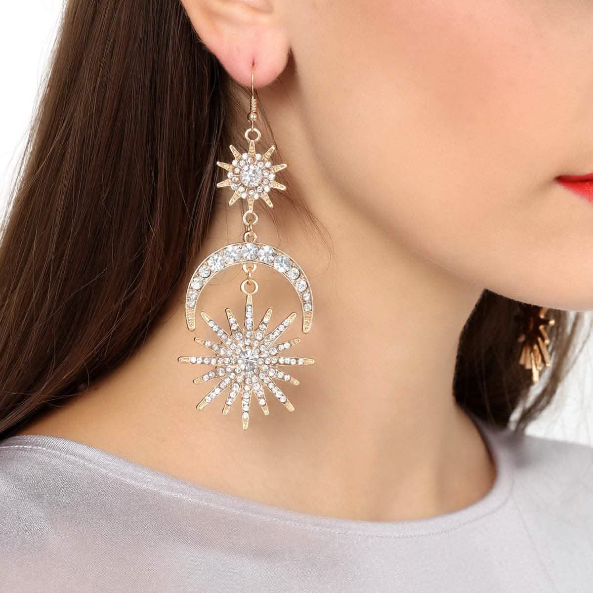 Exaggerated Luxury Sun Moon Stars Drop Earrings DailySale