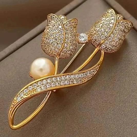 Exquisite Tulip-Shaped Faux Pearl Brooch Adorned with Artificial Diamond DailySale