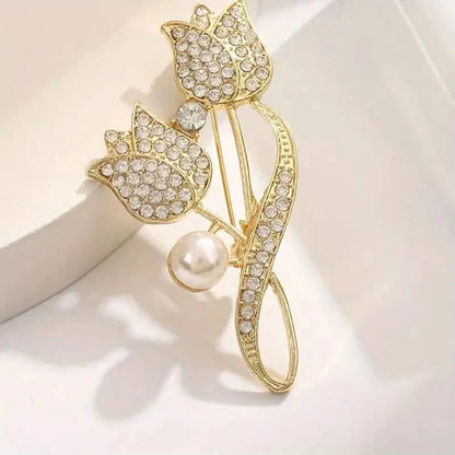 Exquisite Tulip-Shaped Faux Pearl Brooch Adorned with Artificial Diamond DailySale