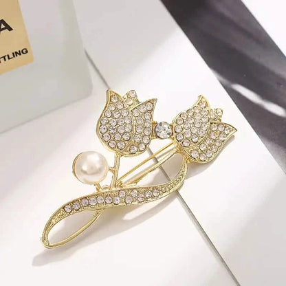 Exquisite Tulip-Shaped Faux Pearl Brooch Adorned with Artificial Diamond DailySale