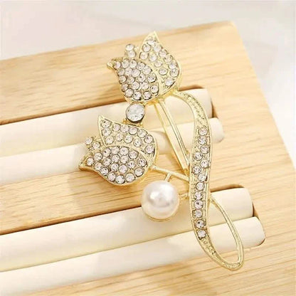 Exquisite Tulip-Shaped Faux Pearl Brooch Adorned with Artificial Diamond DailySale