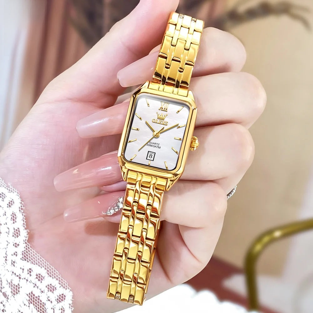 Women's Gold Stainless Steel Rectangular Dress Watch BandsCo Straps