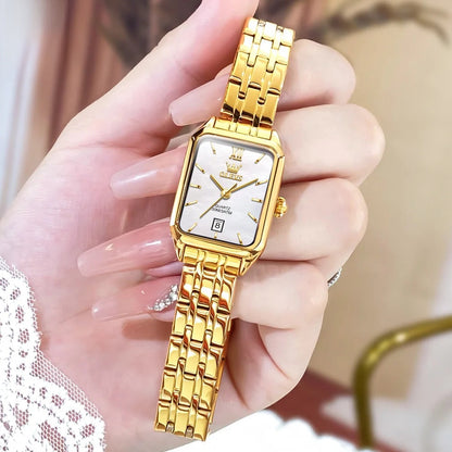 Women's Gold Stainless Steel Rectangular Dress Watch BandsCo Straps
