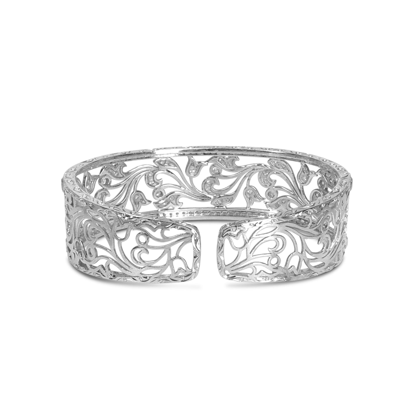 18K White Gold 3 1/4 Cttw Pave Diamond Openwork Floral Filigree Swirl Bangle Cuff Bracelet (H-I Color, VS2-SI1 Clarity) Bids.com