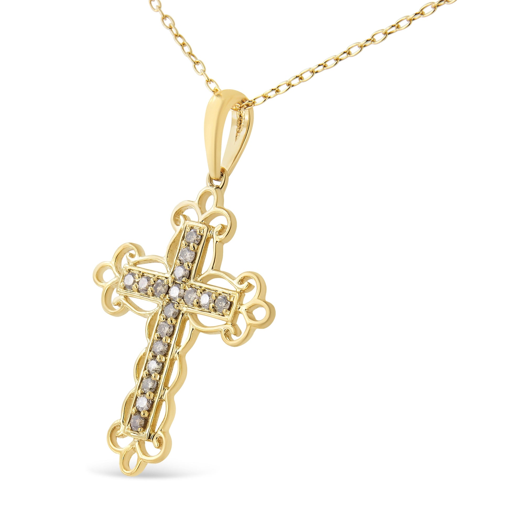 10K Yellow Flashed .925 Sterling Silver 1/4 Cttw Champagne Diamond Filigree Cross Pendant Necklace (K-L Color, I1-I2 Clarity) - 18" Bids.com