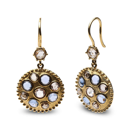 18K Yellow Gold 1 2/3 Cttw Diamond and Blue Sapphire Bezel Set Gemstone Cluster Medallion Dangle Earrings (Brown and G-H Color, SI1-SI2 Clarity) Bids.com