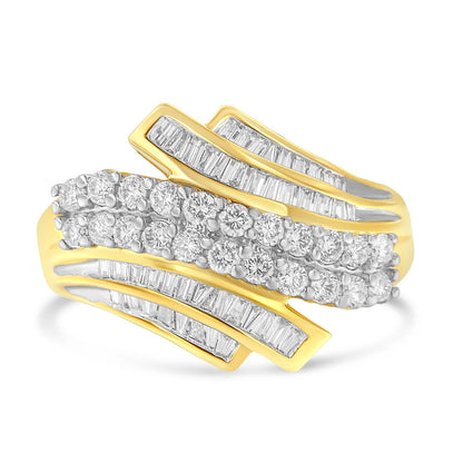 10K Yellow Gold 1.0 Cttw Round & Baguette Cut Diamond 64 Stone Bypass Style Channel Set Modern Statement Ring (H-I Color, SI1-SI2 Clarity) - Size 6 Bids.com