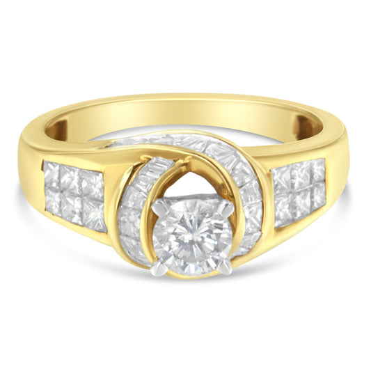14K Two-Toned Gold Round, Baguette and Princess Cut Diamond Ring (1 1/8 Cttw, H-I Color, SI2-I1 Clarity) - Size 6 Bids.com
