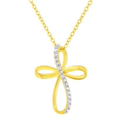 10K Yellow Gold Plated .925 Sterling Silver Diamond Accent Cross Ribbon 18" Pendant Necklace (I-J Color, I2-I3 Clarity) Bids.com