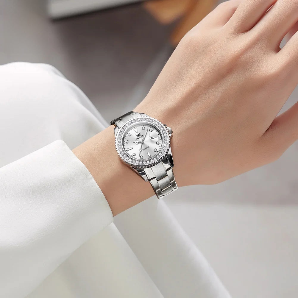 Women's Sunray Dial Zircon Bezel Steel Quartz Watch BandsCo Straps