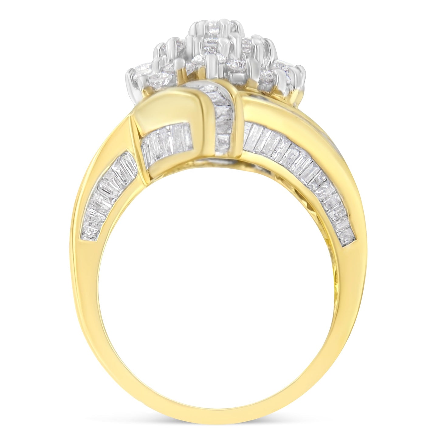 10K Yellow Gold Round and Baguette Diamond Crossover Cluster Ring (3 Cttw, I-J Color, I1-I2 Clarity) - Size 7-1/2 Bids.com