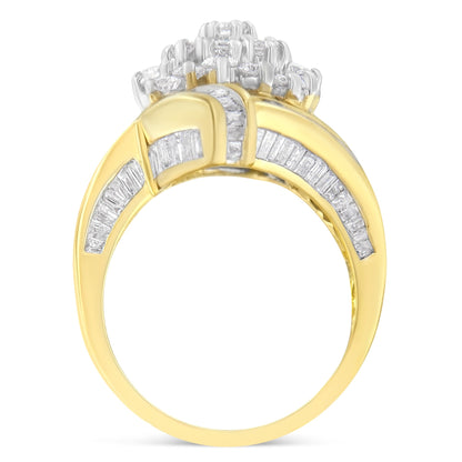10K Yellow Gold Round and Baguette Diamond Crossover Cluster Ring (3 Cttw, I-J Color, I1-I2 Clarity) - Size 7-1/2 Bids.com