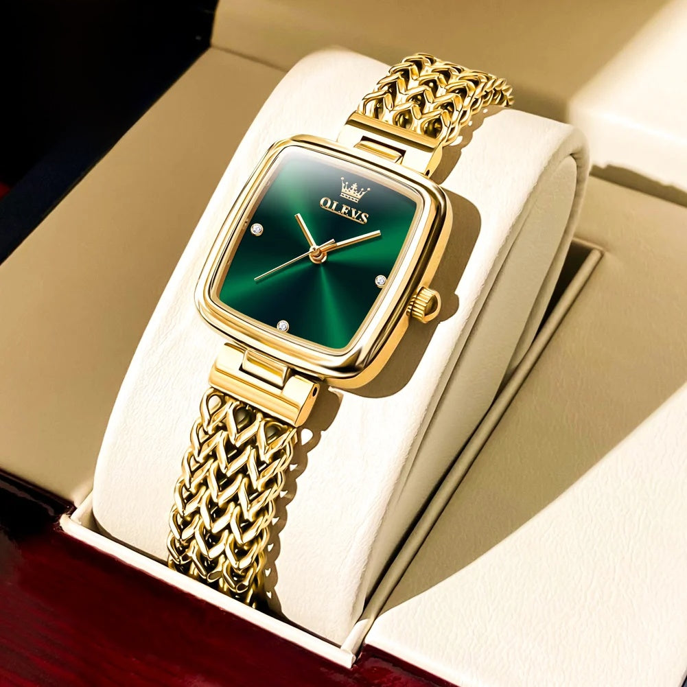 Women's Gold Stainless Steel Rectangular Dress Watch BandsCo Straps