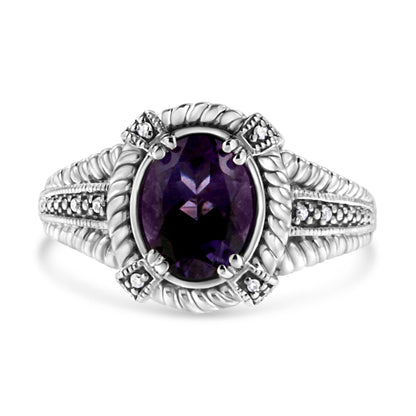 .925 Sterling Silver Prong Set Natural Oval Shape 9X7 MM Purple Amethyst Solitaire and Diamond Accent Ring (I-J Color, I1-I2 Clarity) - Ring Size 7 Bids.com