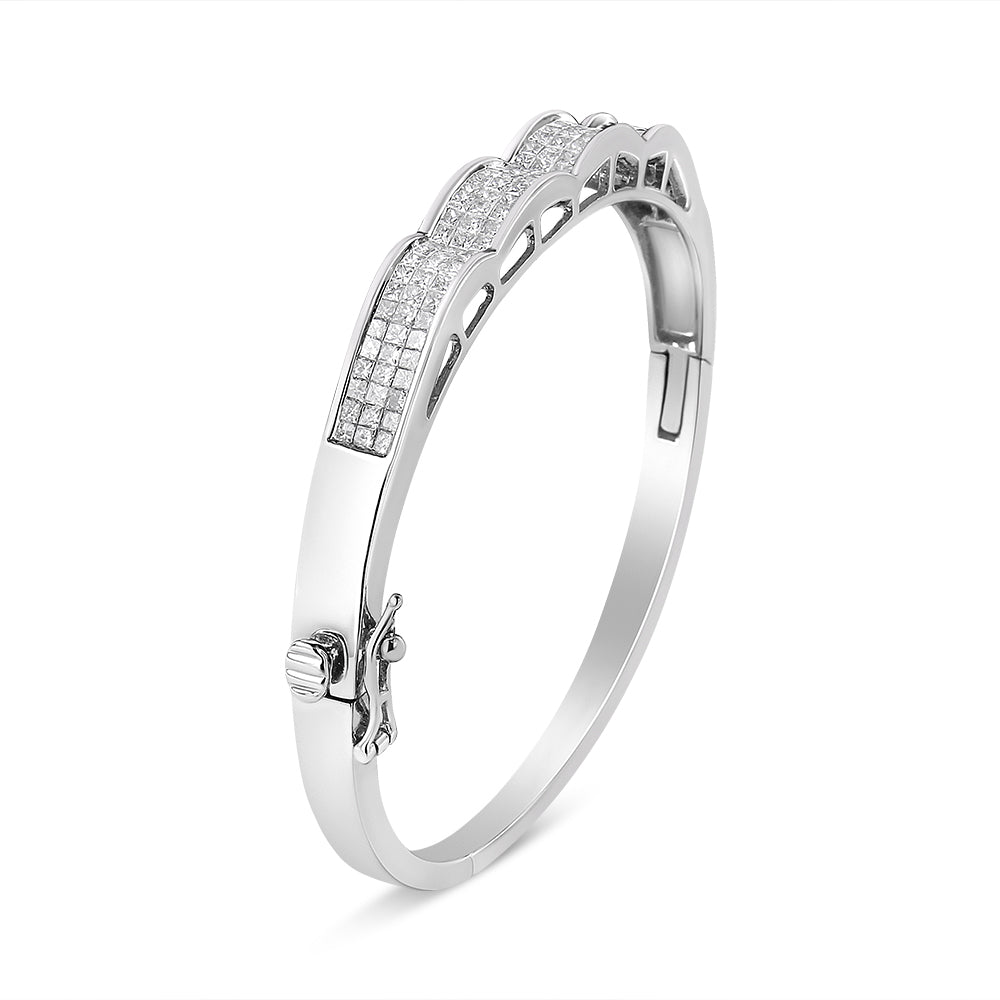 14K White Gold 3 1/3 Cttw Invisible Set Princess-Cut Diamond Wave Bangle Bracelet (H-I Color, SI1-SI2 Clarity) - Size 7" Bids.com