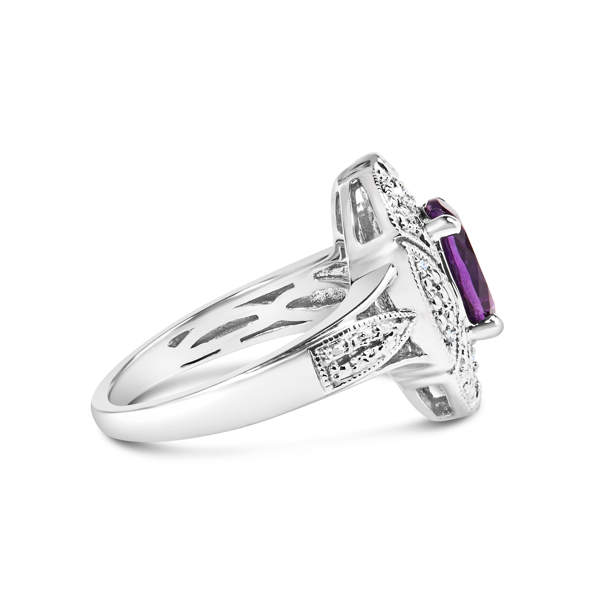 .925 Sterling Silver 9x7mm Oval Purple Amethyst and Diamond Accent Art Deco Style Cocktail Ring (I-J Color, I1-I2 Clarity) - Size 6 Bids.com