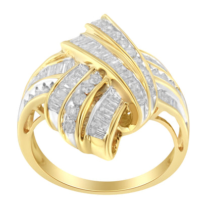 10K Yellow Gold Plated .925 Sterling Silver 1.0 Cttw Round & Baguette Diamond Knot Channel Statement Ring (I-J Color, I2-I3 Clarity) - Size 6 Bids.com