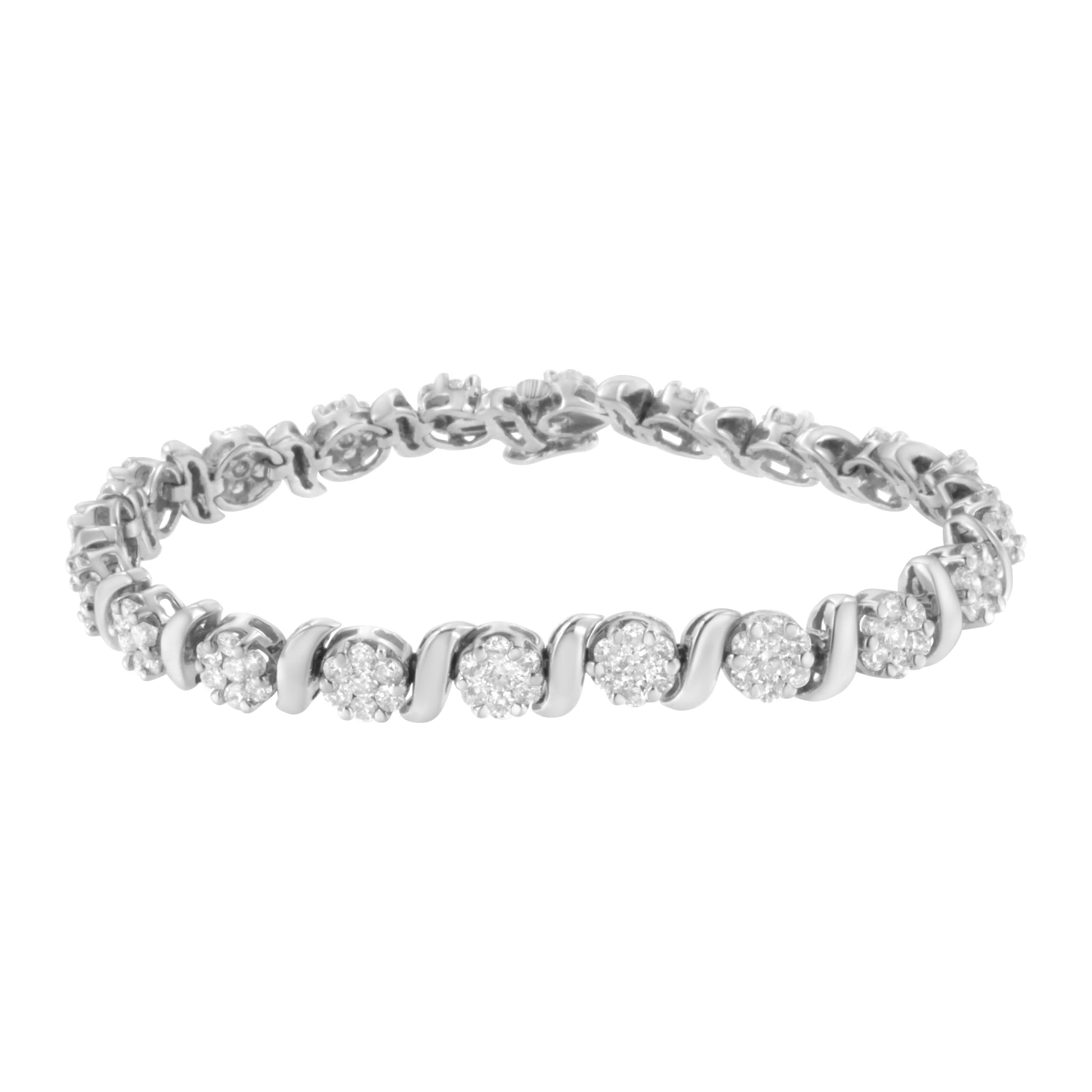 14K White Gold 5 1/4 cttw Diamond S-Link Floral Cluster Tennis Bracelet (I-J Clarity, SI2-I1 Color) - Size 7" Bids.com