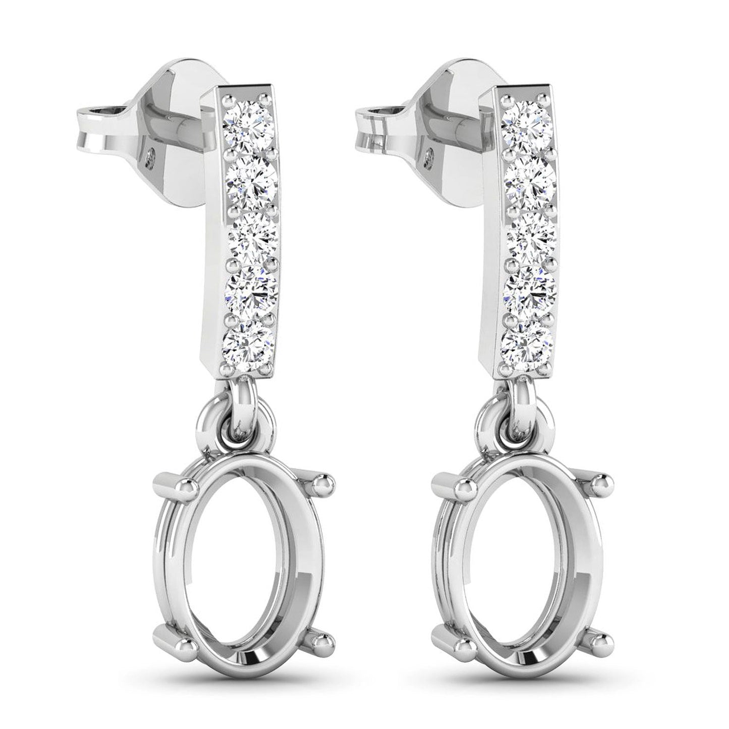 0.14 Carat Genuine White Diamond 14K White Gold Semi Mount Earrings - holds 7x5mm Oval Gemstones Bids.com