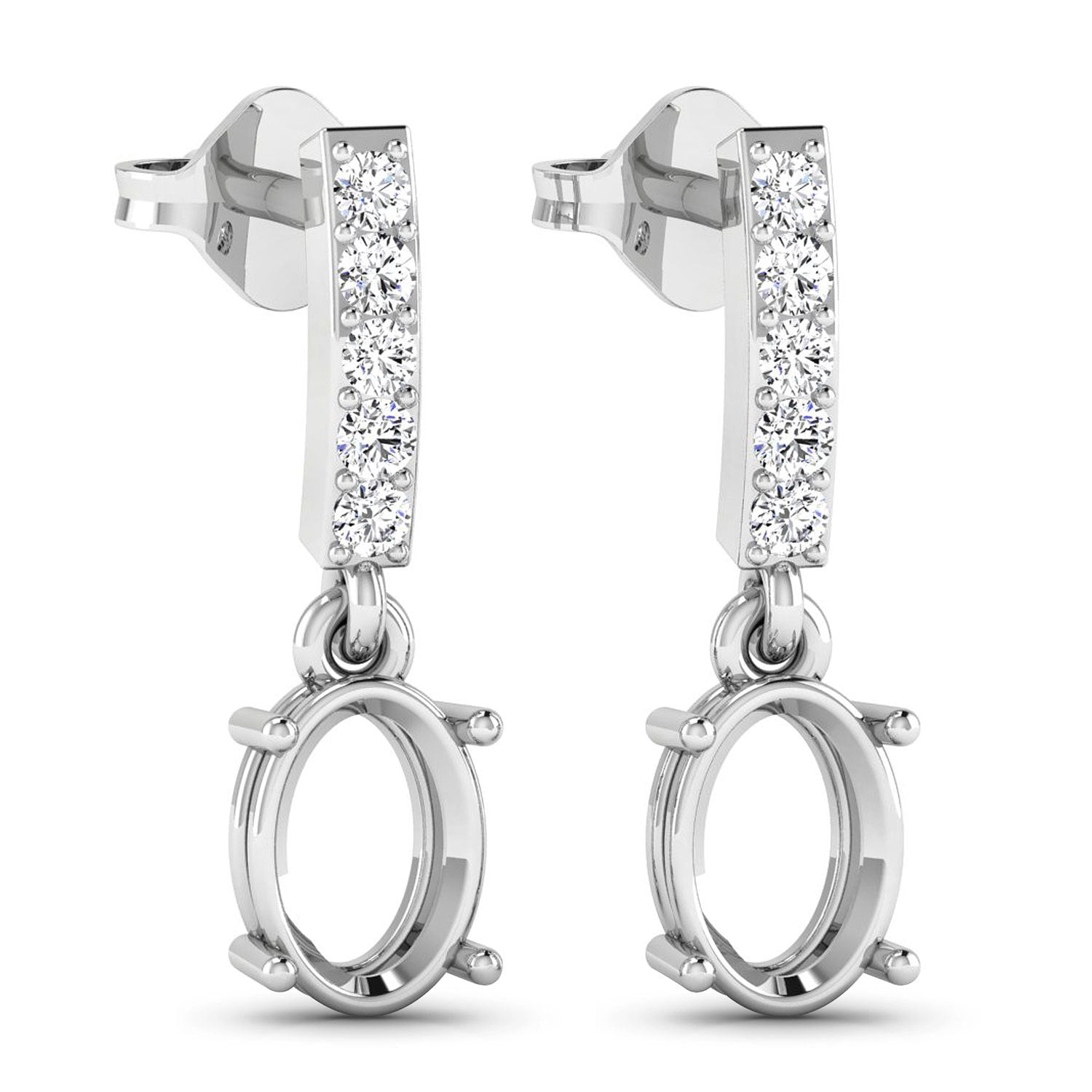 0.14 Carat Genuine White Diamond 14K White Gold Semi Mount Earrings - holds 7x5mm Oval Gemstones Bids.com